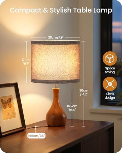 Gray Table Lamp, 14.2" Small Bedside Lamp, Compact Desk Lamp with Gray Linen Lampshade & Dark Walnut Base, Modern Nightstand Lamp for Bedroom, Kid's Room, Office, E26 Socket, LH09TL05