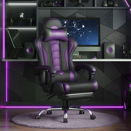 Yaheetech Gaming Chair with Footrest Massage Lumbar Pillow Black and Purple