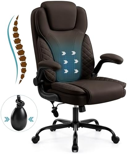 Ergonomic Office Chair, PU Leather High Back Executive Chair with Adjustable Inflatable Lumbar Support and Padded Flip-Up Arms, Recline Swivel Task Computer Chair for Home Office, Dark Brown