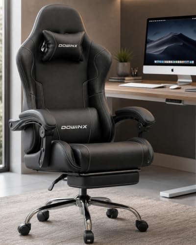 Dowinx Ergonomic Gaming Chair with Footrest & Massage Lumbar, 2D-Linkage Armrests for Computer Chair 330lbs with Headrest Pillow for Office, Home, Streaming and Long Gaming Sessions, Black