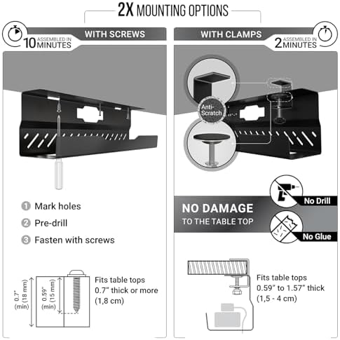 Under Desk Cable Management Tray no Drill – Wire Management - Cord Organizer – Huge Load Capacity – Under Desk Cable Tray no Drill (Black, 1 Piece Set)