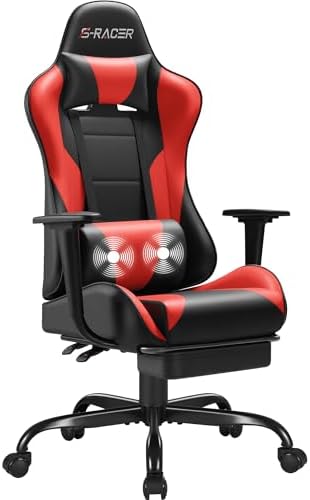 Homall Gaming Chairs, Computer Chair with Footrest and Massage Lumbar Support, Height Adjustable Game Chair with Headrest and Swivel Seat (Red)