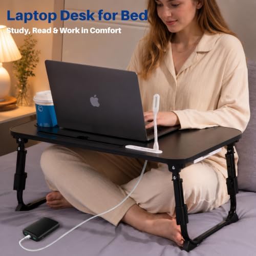 BYMECOST Laptop Desk for Bed, Height Adjustable Laptop Bed Table, Foldable Portable Lap Desk Stand with USB/Storage Drawer/Cup Holder/Slot, Breakfast Tray for Working Reading Writing Eating