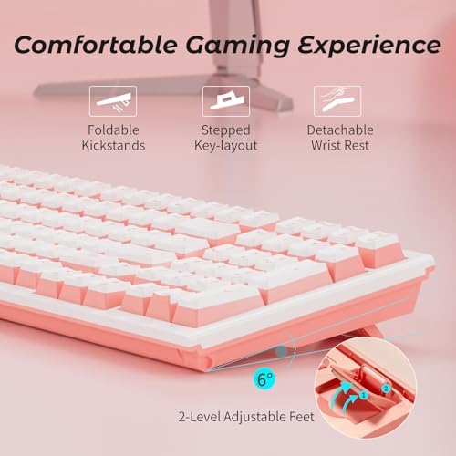 Hexgears X4 Wireless Mechanica Keyboard, 99-Key Clicky Switch White Backlit Gaming Keyboard - NKRO 2.4G/USB-C with Wrist Rest, Pudding Keycaps-White/Pink