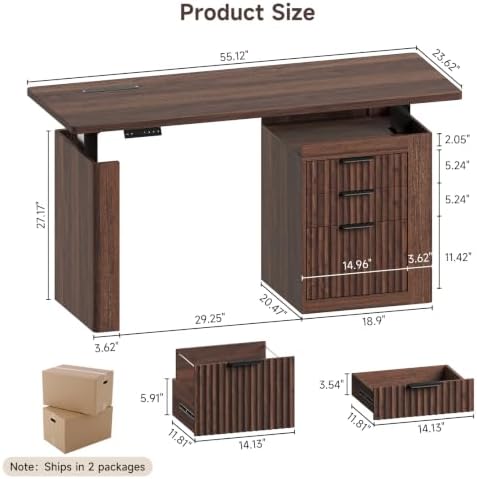 ONBRILL 55" Electric Standing Desk with File Cabinet & Storage, Walnut