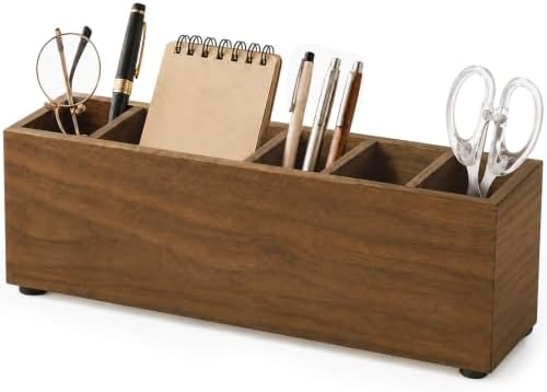 Jetec Wooden Pencil Pen Holder for Desk, Walnut, 6 Compartments