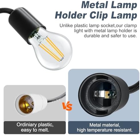 E26/E27 Clip-On Bulb Holder With 7.2Ft Switch Cable - Flexible Desk Lamp With Metal Clip, 9MM&35CM Thickened Lengthened Gooseneck Clamp Light Socket for Bedside Table
