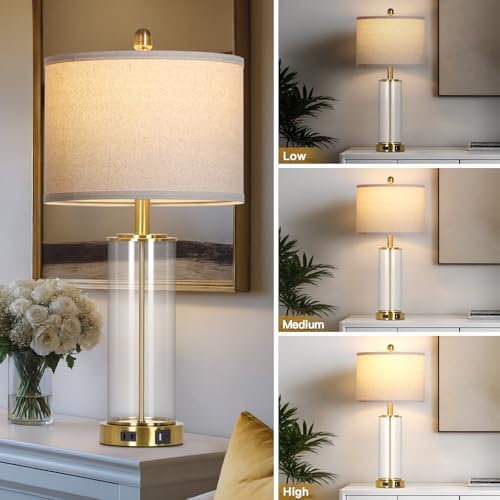 26" Gold Glass Table Lamps Set of 2, 3-Way Dimmable Touch Control Living Room Lamp with USB C+A Ports & AC Outlet, Modern Bedside Lamps, Elegant Bedroom Lamps for Nightstand Side End Table Desk