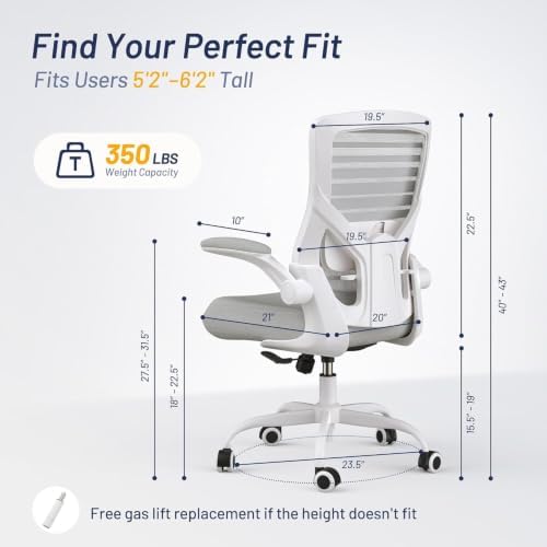Office Desk Chair for Long Hours & Lower Back Pain Relief – 4“ Thick Molded Foam Cushion, Enhanced Lumbar Support, Padded Flip-up Armrests, Ideal for Office or Study (Light Gray)