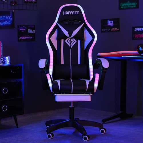 HOFFREE RGB Gaming Chair with Speakers Massage LED Lights Game Chair-White