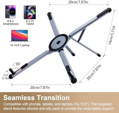 3-in-1 Portable Laptop Stand with Magnetic Phone Holder, Silver