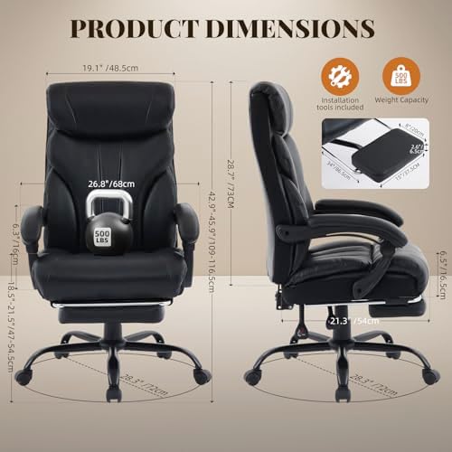 Comfortable Office Desk Chair 500 LBS, Big and Tall Office Chairs with Footrest,90-155°Recline Executive Leather Gaming Chair for Heavy People, Long Hours,Black