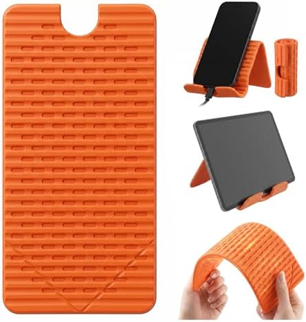 Flexible Silicone Aluminum Phone Holder Tablet Stand with Charging Port Design, Foldable Airplane Laptop/Phone Stand for Home Office Travel (Orange)