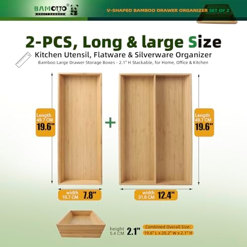 BAMOTTO CRAFTBAMBOO Long V-Shaped Bamboo Drawer Organizer Set of 2
