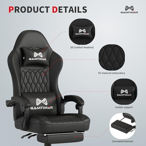 Gaming Chair with Footrest, Ergonomic Computer Chair, PU Breathable Material with Headrest and Lumbar Support, Suitable for Silla Gamer and Adults(Black)