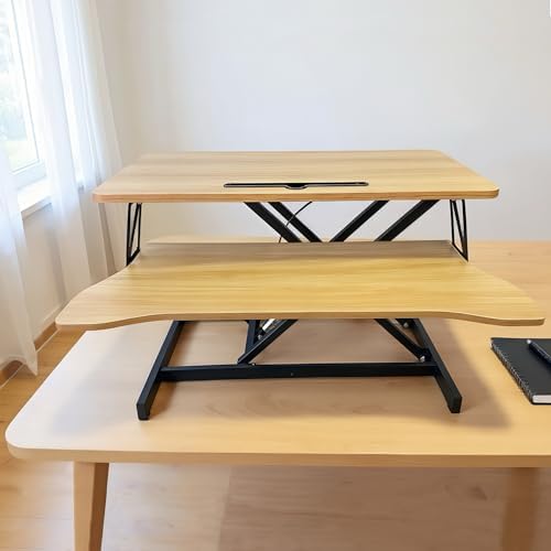 Standing Desk Converter, 32 Inch Wide, Height Adjustable Sit to Stand Workstation Riser, Dual Monitor with Wide Keyboard Tray for Home Office (Natural)