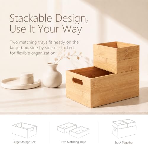 3 Pack Bamboo Storage Box with Handle, Wooden Organizer Bins