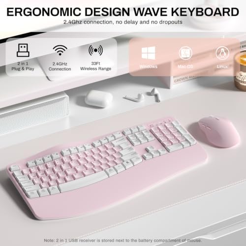 Wireless Keyboard and Mouse Combo,2.4G Ergonomic Wave Keys(Pink-A)