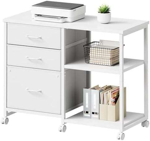 Maihail 3 Drawer File Cabinet with Wheels with Open Storage Shelf, White