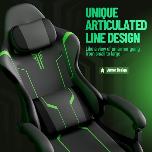 Ferghana PU Leather Gaming Chair, Ergonomic High Back Gamer Chair with Footrest and Linkage Armrest, Office Computer Video Game Chair for Adult, Grey/Black/Green