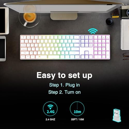 POWZAN Wireless Backlit Keyboard Quiet - Computer Rechargeable Ergonomic Light UP Keyboard, Silent Keys Full Size Compatible for Windows, Desktop, Laptop, PC, Gaming, PS5 - White