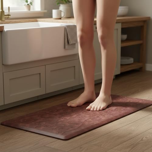 J&V TEXTILES Medallion Embossed Kitchen Mat Cushioned Anti Fatigue Floor Mat, Thick Non Slip Waterproof Kitchen Rugs and Mats,Heavy Duty Foam Standing Mat for Kitchen (Burgundy, 17" X 28")