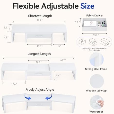 Dual Monitor Stand Riser, Desk Organizers and Accessories with Drawer, Computer Monitor Stands for Desk, Adjustable Desktop Shelf for PC Laptop Printer TV, White