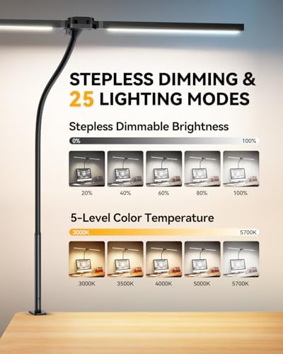 LED Desk Lamp for Home Office, Stepless Dimming Architect Lamp with Clamp