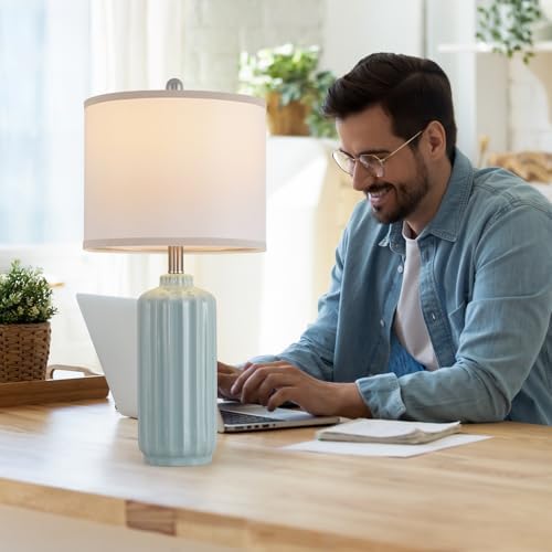 Lamp for Living Room Bedroom Lamps Farmhouse Table Lamps Set of 2 Vertical Stripe Ceramic Table Lamp,Linen Shade with Bulb, 25 in High,Seafoam,Blue