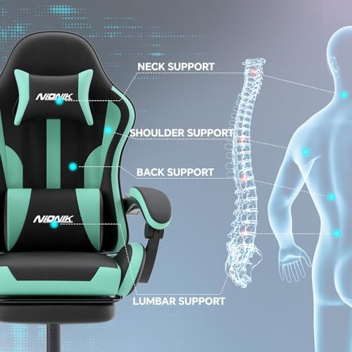 Gaming Chair, Ergonomic Computer Chair with Footrest and Lumbar Support, Height Adjustable Game Chair with 360°-Swivel Seat and Headrest and for Office or Gaming BLACKMINTGREEN