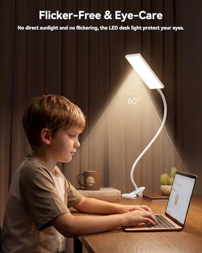 Eye-Caring Adjustable LED Reading Clamp Desk Lamp with 48 LEDs Flexible Neck, 3 Color Modes & 11 Brightness Levels for Office Bedroom Study (White)