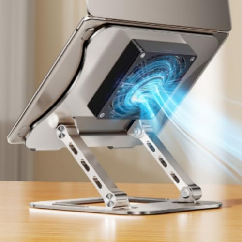 Laptop Cooling Stand Ergonomic Metal Riser Support with Built in Fan and Ventilated Plate for Suitable for Office Study Gaming Home, Gray, Rotatable with Cooling Fan