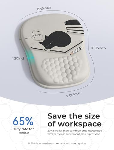 Ergonomic Mouse Pad with Cute Black Cat Design, for Carpal Tunnel Pain Relief, 65% Usable Mouse Area, Memory Foam Concave Wrist Rest for Office, PC, Gaming