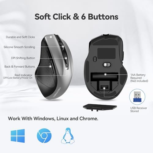 TECKNET Wireless Mouse, 2.4G Ergonomic Computer Mouse, 2600 DPI, Silver