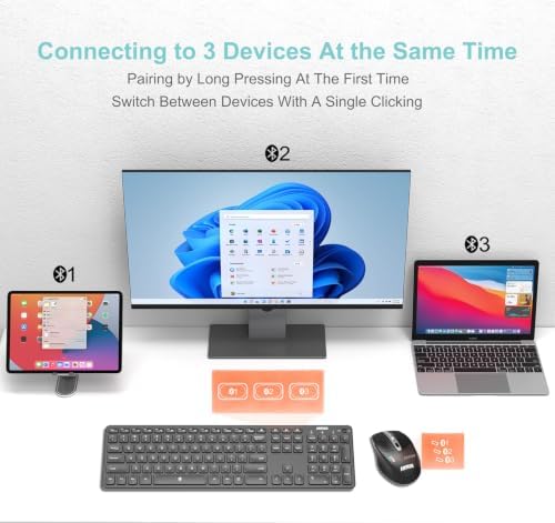 Arteck Universal Multi-Device Bluetooth Keyboard and Mouse Full Size Wireless Bluetooth Keyboard and Ergonomic Mouse Set for Windows, iOS, Android, Computer Desktop PC Laptop iPad Tablet Smartphone