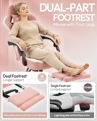 Dowinx Gaming Chair Breathable Fabric Game Chair with Gel Pad and Storage Bag, Comfortable Gamer Chair with Pocket Spring Cushion, Ergonomic Computer Chair with Footrest, Pink and White
