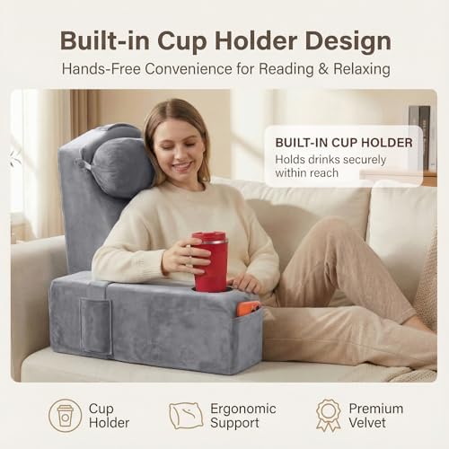 21 INCH Reading Pillow for Adults, Back Pillow for Bed Sitting Up, Backrest Pillow for Sitting in Bed, Detachable Arms with Built-in Cup & Phone Caddy (Gray, 21 INCH)