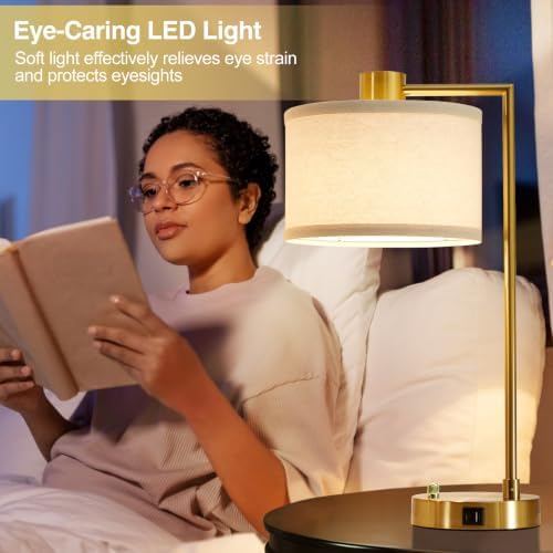 Gold Table Lamp Set of 2, Dimmable Bedside Lamps for Night Stands, USB A+C