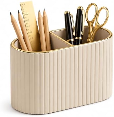 KINGFOM PU Leather Desk Organizer Pen Holder – Dual-Compartment Stylish Pencil Cup Remote Control Holder Desktop Supplies and Accessories Organizer Caddy for Office Home School (Mocha Beige)