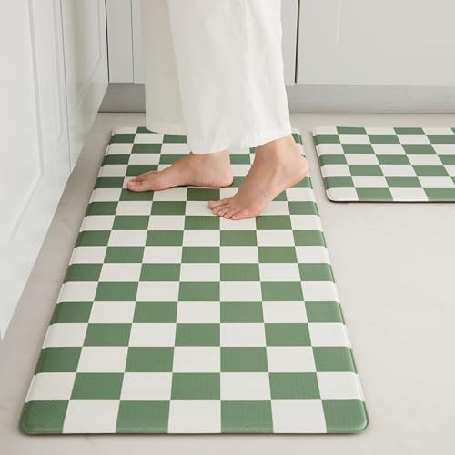 Ohocut Checkered Kitchen Mats for Floor Set of 2, 2 Pcs Sage Green Cushioned Non Slip Runner Rugs for Kitchen/Sink/Laundry, Comfort Aesthetic Cute Anti-Fatigue Foam Floor Mat 17.3"x29.5"+17.3"x47.2"