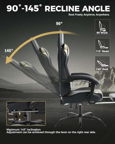 LUCKRACER Gaming Chair with Footrest, Pocket Spring Seat, 90°-135° Reclining Computer Chair with Linkage Armrests, Lumbar Support, Height Adjustment, SGS-Tested Gas Lift, 330 lbs Capacity, Yellow