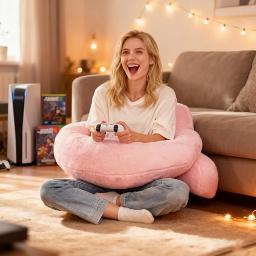 17" Reading Pillow for Bed,U Shaped Arm & Elbow Support,Pink Faux Fur