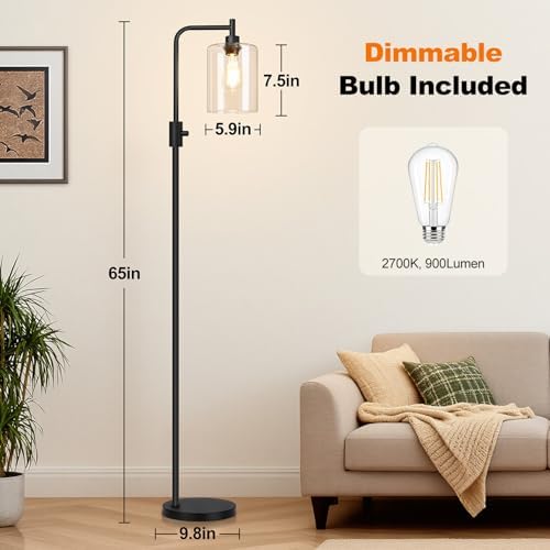 【Upgraded】 Dimmable Floor Lamp for Living Room with Clear Glass Lampshade, Black Modern Glass Floor Lamp with 900LM LED Bulb Included, Arc Standing Tall Lamp for Bedroom, Office, Reading Room, Corner