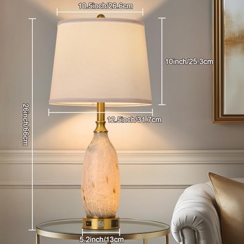 AIDENOEY 26" Modern Art Glass Table & Bedside Lamp, Stepless Dimmable Base + Dimmable 3-Color Light, USB A/C Charging Ports, Touch Control & Switch for Bedroom, Living Room, Office, Study