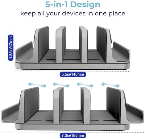 Vertical Laptop Stand Holder 5 Slots, Aluminum Space-Saving Laptop Holder, Adjustable Size Dock Tabletop Desk Organizer 3 Slot + 2 for Apple MacBook/Surface/PC/Tablet/iPad/iPhone (Space Gray)