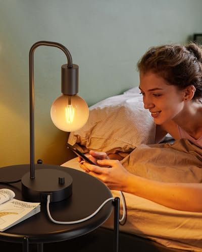 ONEWISH Industrial Table Lamp Set of 2 with USB C&A Charging Port, Stepless Dimmable Nightstand Bedside Lamps for Bedroom,Desk Lamps with 2700K Black Gradient Bulb for Reading Living Room,Office