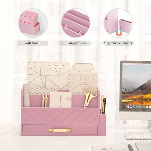 Bamboo Mail Organizer Countertop Pen Holder Wooden Desktop Storage Drawers