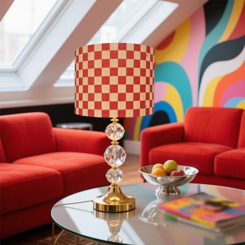 Modern Lamp Shade with Colorful and Natural Checkered Pattern Bamboo Made, Translucent Drum Shape, 11.8 Inch for Table and Floor Lamps, Ideal for livingroom bedroom (Red)