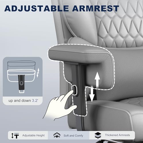Misolant Big and Tall Office Chair with Footrest, High Back Executive Desk Chair with Adjustable Lift Armrest, 155°Recline，Lumbar Support Pillow, Faux Leather Gaming Chairs for Home or Office Gray