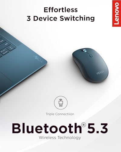 Lenovo Yoga Bluetooth Silent Mouse, 3 Level DPI Adjustment, 36 Month Battery Life, Bluetooth 5.3, 3 Device Paring, Whisper Quiet, Programmable Buttons, Smooth Finish, Tidal Teal